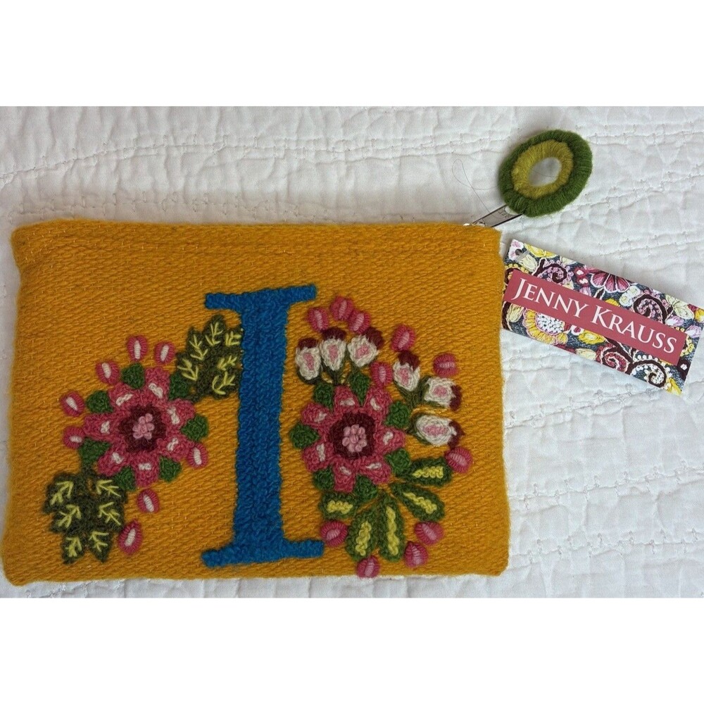 NEW Jenny Kraus wool monogram pouch love letter "I" embroidered zipper artisan